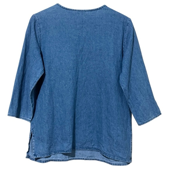 Passport Medium Denim Embroidered Beaded Boho Top Split Neck 3/4 Sleeve - Picture 5 of 7